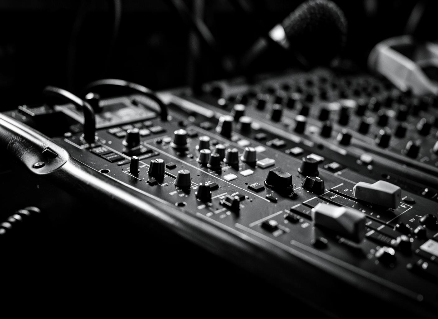 Concept preview of a monochrome audio mixing desk